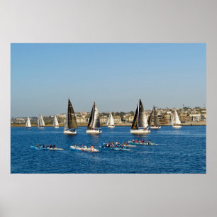 Zeilboten in het Kanaal. Marina Del Rey, CA Poster