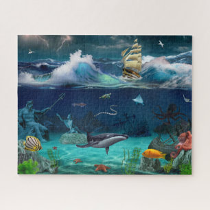 Zeilboten Zeeen vissen op walvis Legpuzzel
