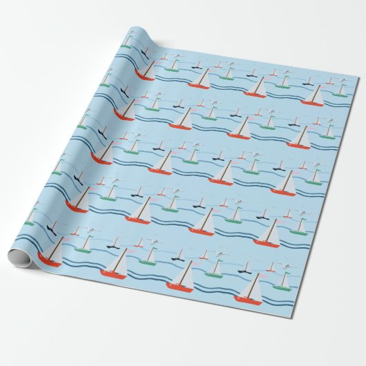 Zeilboten, zeemeeuwen, oceaangolven cadeaupapier (Uitgerold)