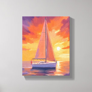Zeilen bij zonsondergang Kust oceaan schilderij Canvas Afdruk