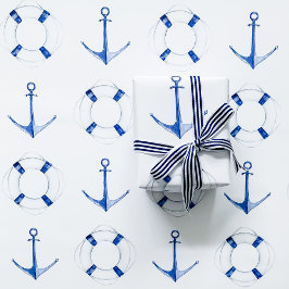 Zeilen Blau Anker en Reddingsring Nautilus Inpakpapier Vel