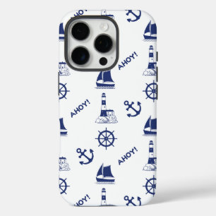 Zeilen Illustratief Patroon Marine Blauw + Wit iPhone 16 Pro Hoesje