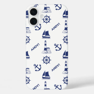 Zeilen Illustratief Patroon Marine Blauw + Wit iPhone 16 Plus Hoesje