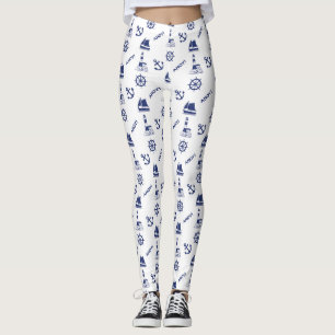 Zeilen Illustratief Patroon Marine Blauw + Wit Leggings