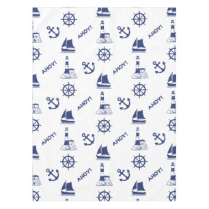 Zeilen Illustratief Patroon Marine Blauw + Wit Tafelkleed