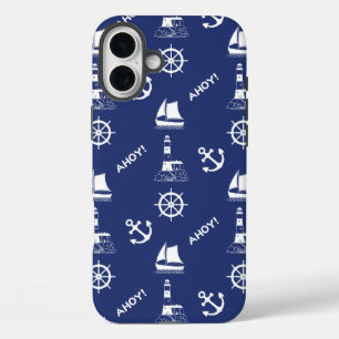 Zeilen Illustratief Patroon Wit+Navy Blauw iPhone 16 Plus Hoesje