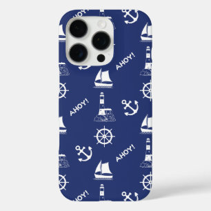 Zeilen Illustratief Patroon Wit+Navy Blauw iPhone 16 Pro Hoesje