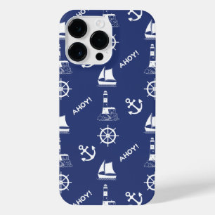 Zeilen Illustratief Patroon Wit+Navy Blauw iPhone 14 Pro Max Hoesje