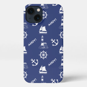 Zeilen Illustratief Patroon Wit+Navy Blauw iPhone 13 Hoesje