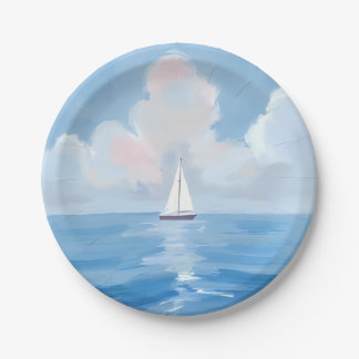 Zeilen in het blauw | Kust Zeilboot Ocean Painting Papieren Bordje
