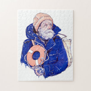 Zeiler die reddingsboei vasthoudt en een oranje ge legpuzzel