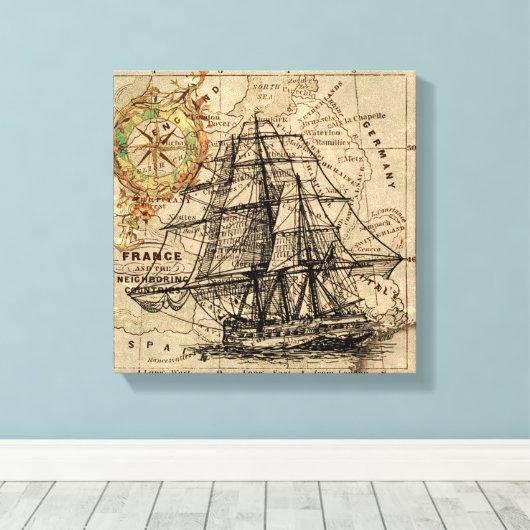 zeilschip en oude Europese kaart Canvas Afdruk (Insitu (Houten vloer))