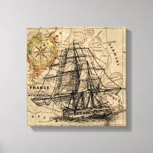 zeilschip en oude Europese kaart Canvas Afdruk