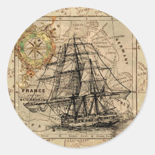 zeilschip en oude Europese kaart Ronde Sticker