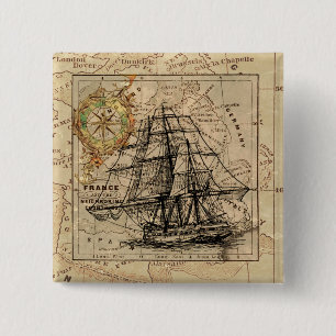 zeilschip en oude Europese kaart Vierkante Button 5,1 Cm