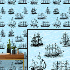 Zeilschip Illustraties op Blue Waves Behang
