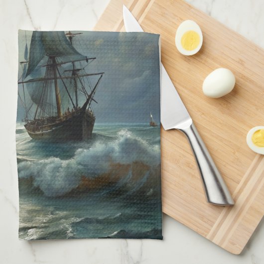 Zeilschip in de oceaan theedoek (Quarter Fold)