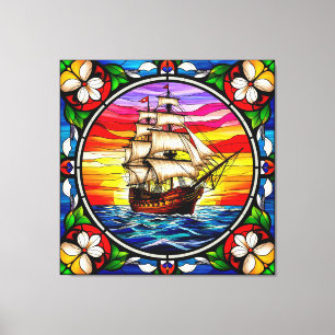 Zeilschip op open zee bij zonsondergang canvas afdruk