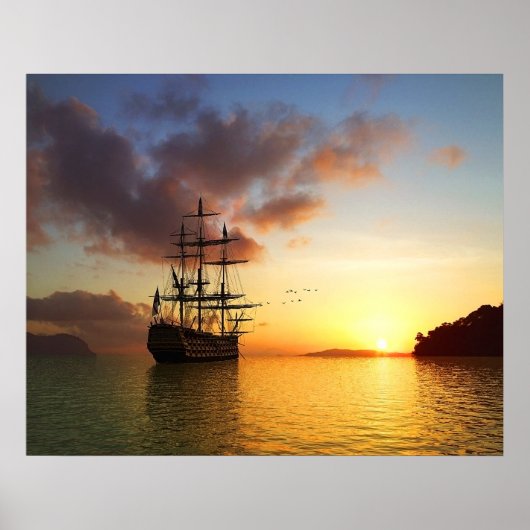 Zeilschip op zomerzonsondergang, romantische foto poster (Voorkant)