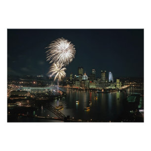 ZELDEN-Pittsburgh 's nachts met vuurwerk Foto Afdruk