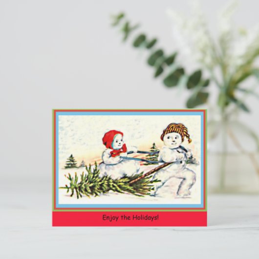 Zelden Snowman Pulling Snow Woman & Tree Briefkaart (Staand voorkant)