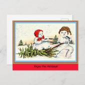 Zelden Snowman Pulling Snow Woman & Tree  Briefkaart (Voorkant / Achterkant)