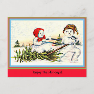 Zelden Snowman Pulling Snow Woman & Tree  Briefkaart