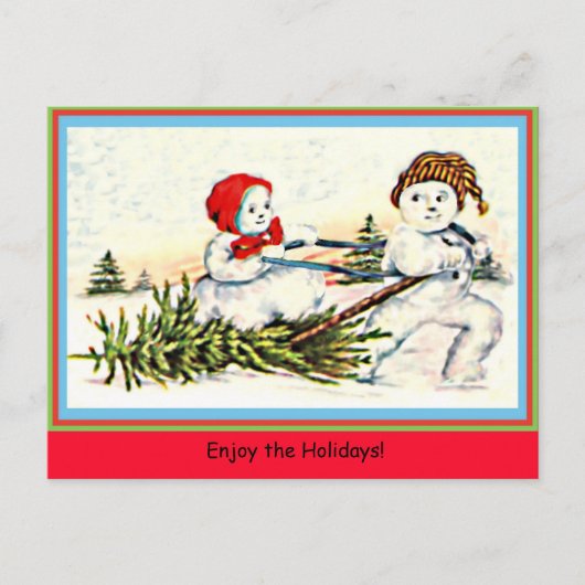 Zelden Snowman Pulling Snow Woman & Tree  Briefkaart (Voorkant)