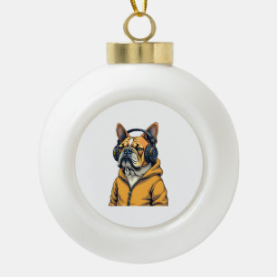 Zeldzame Bulldog met Hoofdtelefoon die Hoodie Muzi Keramische Bal Ornament