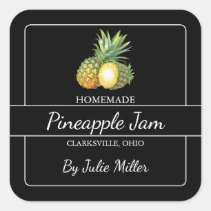 Zelfgemaakt ananas jam vierkant label zwart