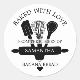Zelfgemaakt bananenbrood gebakken met liefde ronde sticker