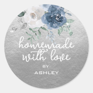 Zelfgemaakt met Liefde Bloemenblauw Roos Zilver Ca Ronde Sticker