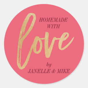 Zelfgemaakt met Love sticker, faux gouden folie la Ronde Sticker