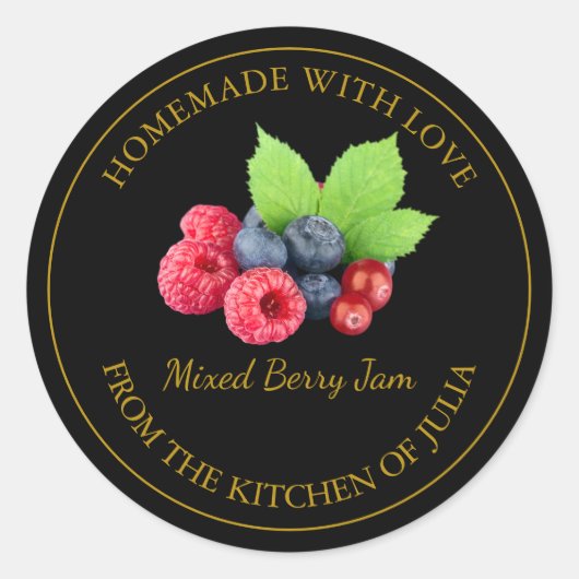 Zelfgemaakt Mixed Berry Jam Label | Zwart (Voorkant)