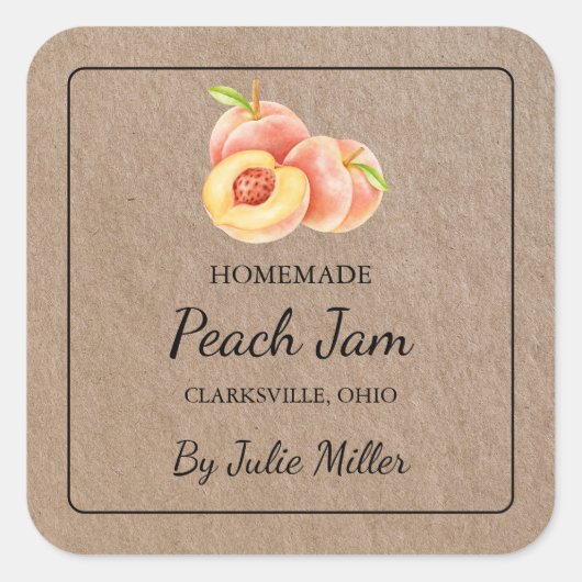 Zelfgemaakt perzik jam vierkant kraft papier label (Voorkant)