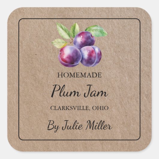 Zelfgemaakt Plum Jam Square Kraft papieren label (Voorkant)