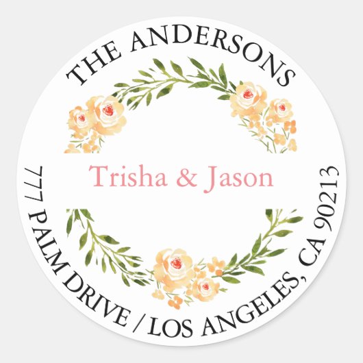 Zelfgemaakt retouradres met perzikbloemen, zwart/k ronde sticker (Voorkant)