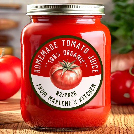 Zelfgemaakt tomatensap met twee kleuren ronde sticker