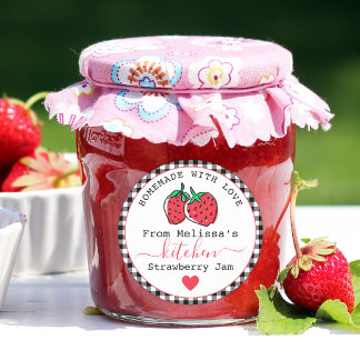 Zelfgemaakte Aardbeienjam Rustic Zwarte Gingham Ronde Sticker