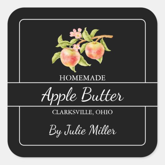 Zelfgemaakte Apple Butter Square Label Zwart (Voorkant)