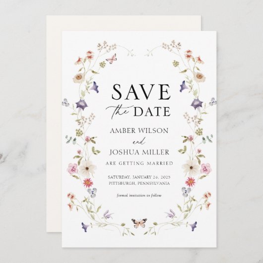 Zelfgemaakte bloemenkrans Save the Date uitnodigin Kaart (Voorkant / Achterkant)