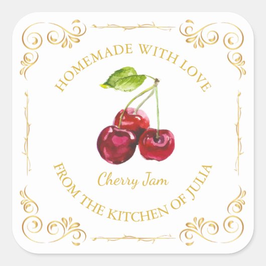zelfgemaakte Cherry Jam Square Label (Voorkant)