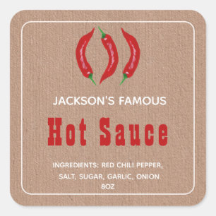 Zelfgemaakte Hot Sauce Chili Saus in Kraftpapier Vierkante Sticker