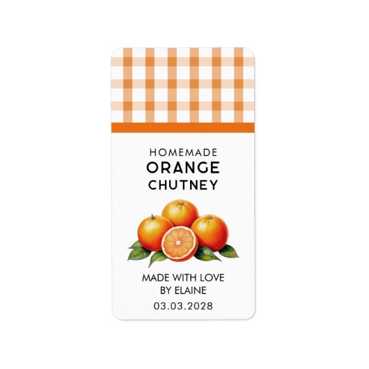 Zelfgemaakte oranje chutney met geruit patroon etiket (Voorkant)