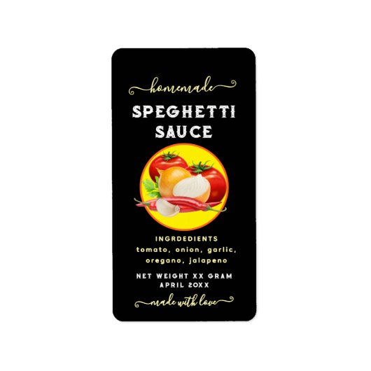Zelfgemaakte vlammende aangepaste spaghettisaus la etiket (Voorkant)