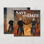 Zelfrijdende motorfietsen herfst bos bruiloft save the date (Voorkant / Achterkant)