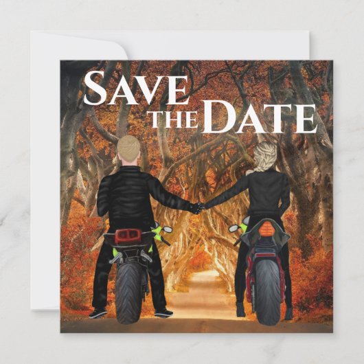 Zelfrijdende motorfietsen herfst bos bruiloft save the date (Voorkant)