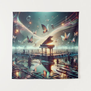 Zelfspelende piano in een surrealistisch meerlands wandkleed