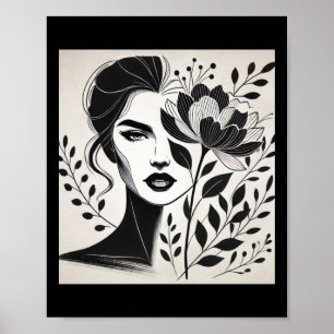 Zelfverzekerde Vrouw in Bloemige en Abstracte Lijn Poster