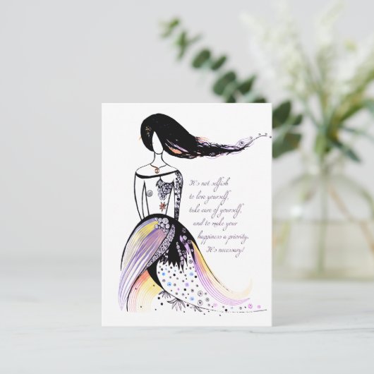 Zelfzorg inspirerend geïllustreerde dame citaat briefkaart (Staand voorkant)